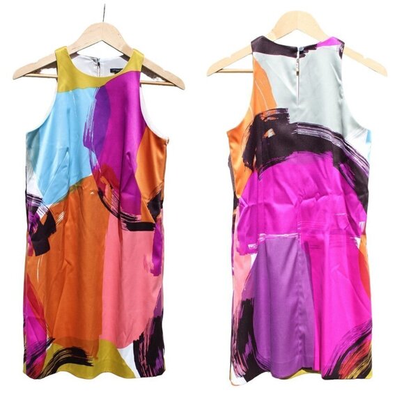 NWT ANN TAYLOR Abstract Cocktail Modern Art Mini Satin Dress Size 6 Multicolor - Picture 2 of 13